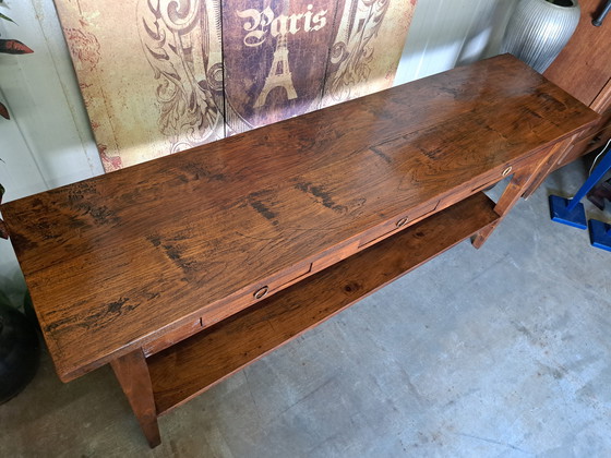 Image 1 of Klassieke Geleefde Teakhouten Sidetable, Wandconsole, Haltafel, Afmetingen 180 x 45 cm en 80 cm Hoog