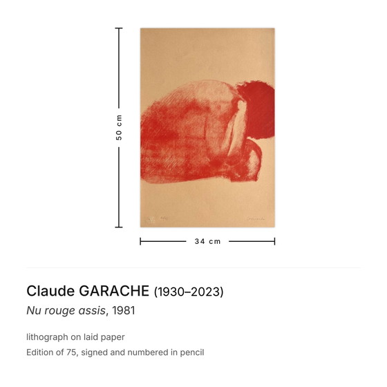Lithographie signée de Claude Garache Nu Rouge Assis 1981 – Lithographies et sérigraphies, Paper (photo 3 of 5)