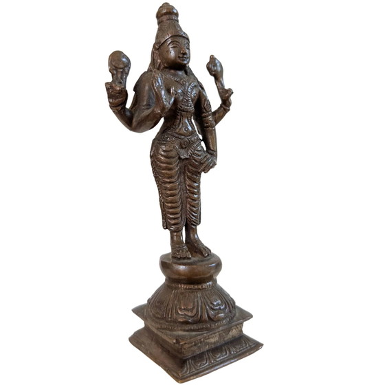 Antique Bronze Vishnu Statue – South India – ca. 1920 – 17 cm – 520 g – Sculpture (photo 2 of 10)