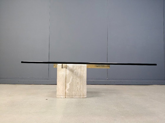 Image 1 of Couchtisch aus Travertin und Messing von Artedi, 1980er Jahre