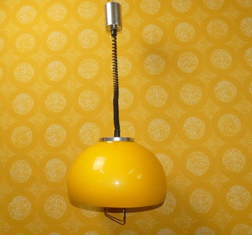 70s hanging lamp pendant ceiling lamp Ø40cm yellow plastic /chrome
