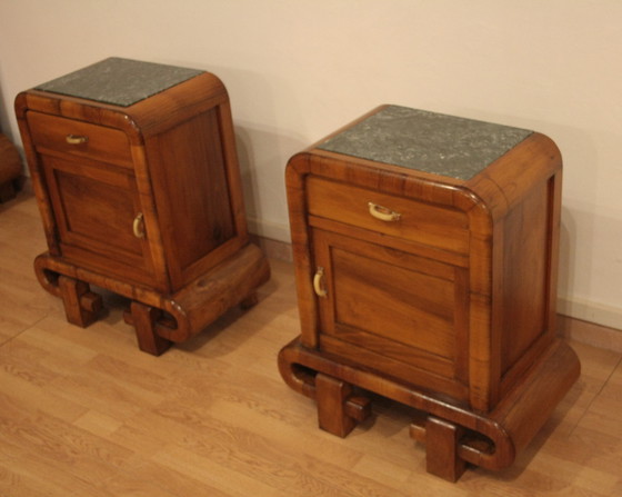 Image 1 of Pair of Art Deco Walnut Bedside Tables, 1950s Mid Century Modern, Italy