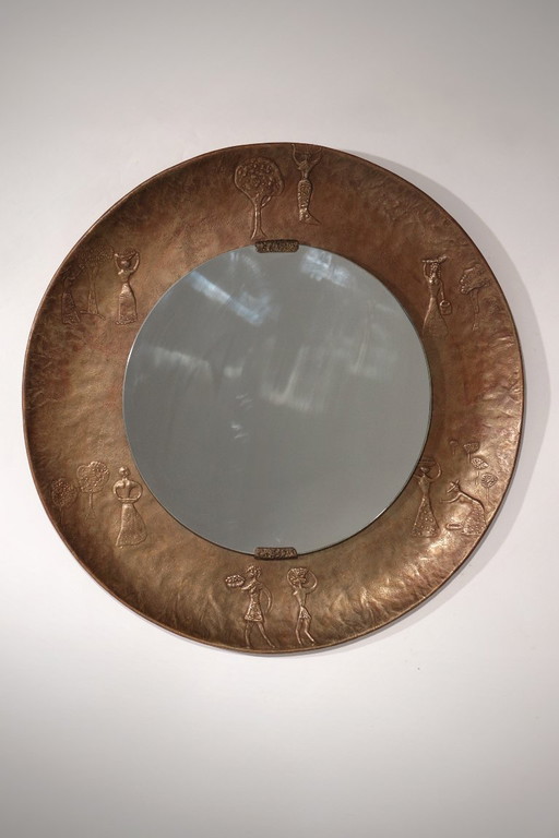 Sculptural Hammered Copper Mirror Attributed to Angelo Bragalini"
