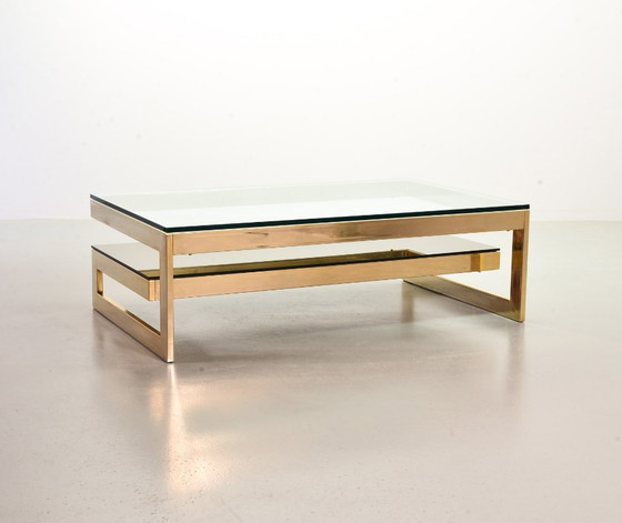 Image 1 of Hollywood Regency Belgo-Chrom Architectural G-Table 23-Carat Goldplated with Glass Tops. Belgium, 1970s. 