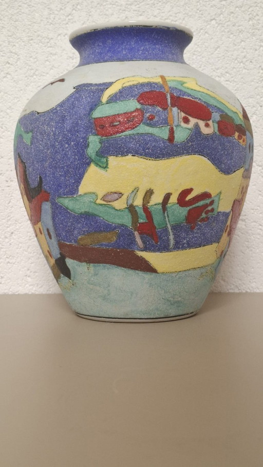 Hand-Painted Ceramic Vase – Colorful Village Scene – Signed Limosse