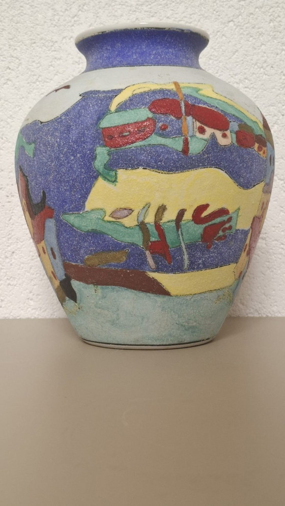Image 1 of Hand-Painted Ceramic Vase – Colorful Village Scene – Signed Limosse