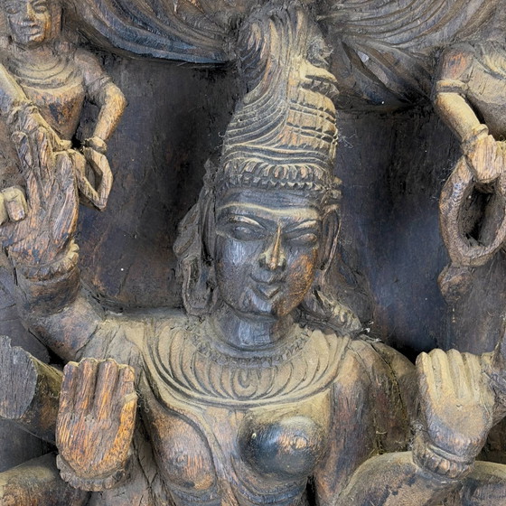 Pannello Tempio/Santuario Ardhanarishvara dell'India meridionale, XIX secolo, in legno massello (photo 4 of 9)