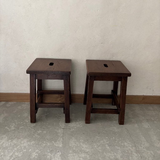 Set of 2 varnished wooden stools