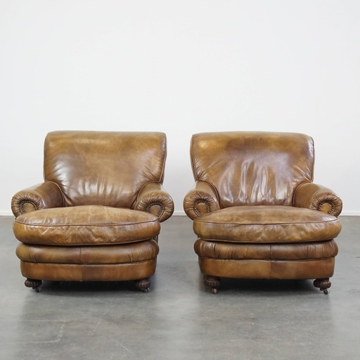 2 x Beef Leather Vintage Design Armchair on Wheels