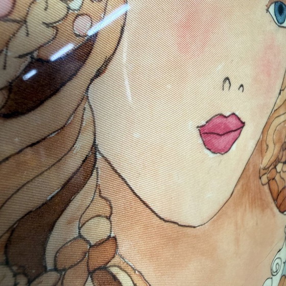 Seidengemälde im Jugendstil einer Frau mit Blumen, Gemälde & Zeichnungen, Papier, Holz, Mehrfarbig (Foto 12 von 13)
