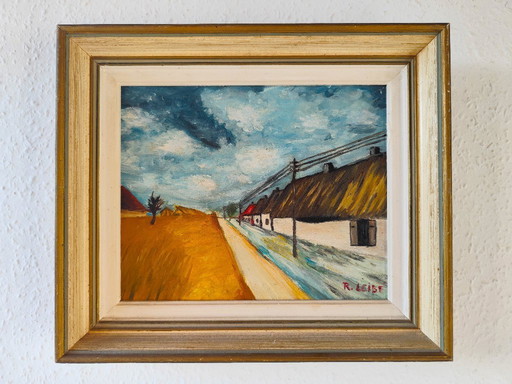 Vintage Signed Oil Painting | Dutch Rural Landscape with Thatched Houses | R. Leibé