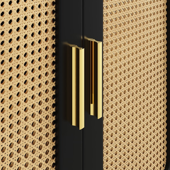 Image 1 of Urban Meuble zwart rotan dressoir met 4 deuren en gouden handgrepen en pootjes, 120 x 30 x 89 cm, STUGMAN