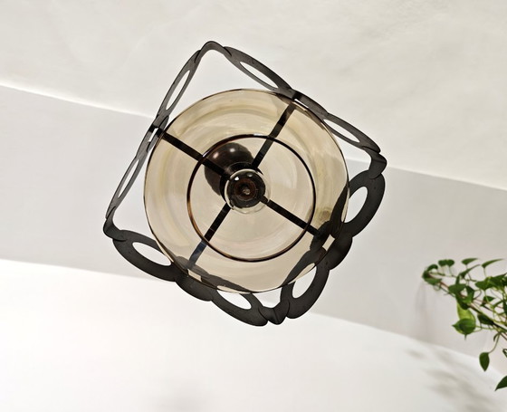 Image 1 of Lampe pendante vintage par Sijaj Hrastnik / Lampe suspendue Mid Century Modern / Lustre rétro géométrique en verre et marron, 19