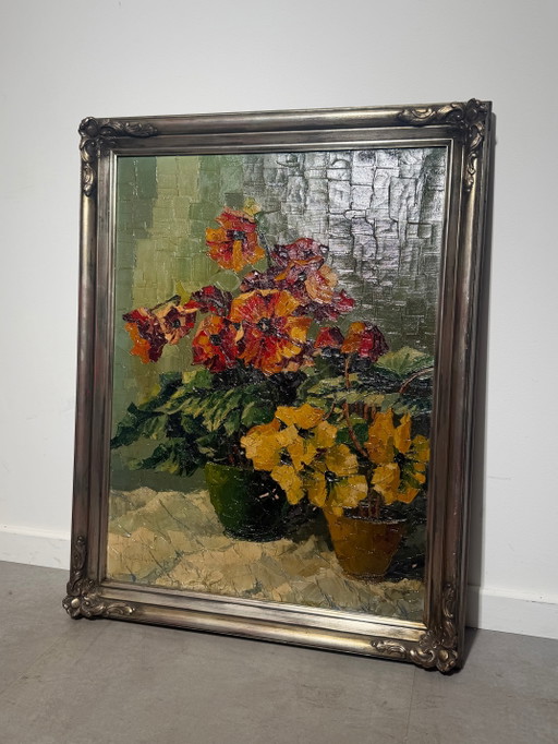 Antique Oil on Canvas - Flowers - Signed – schilderijen tekeningen