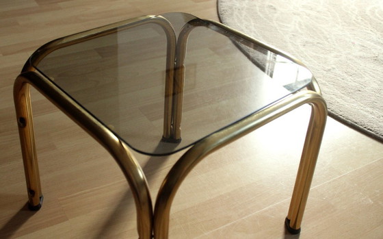 Image 1 of Small side table/plant stand, smoked glass, brass, vintage