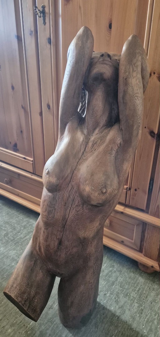 Mid-Century Naakt Beeldhouwkunst, Vrouwentorso, Massief Hout, 98 cm
