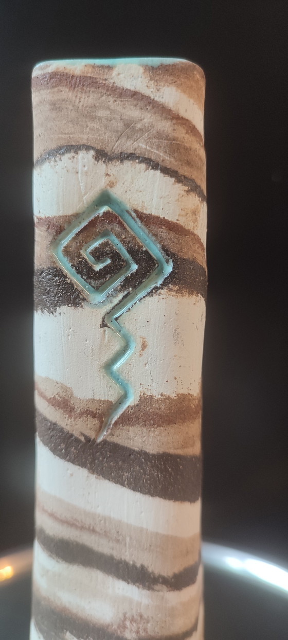 Image 1 of Turned stoneware vase, signed, with relief decoration