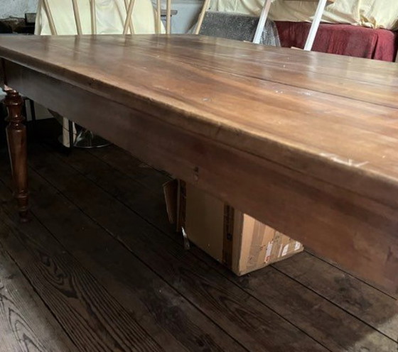 Image 1 of Grande table de ferme ancienne en bois massif – style rustique XIXe – pieds tournés - 181x100m