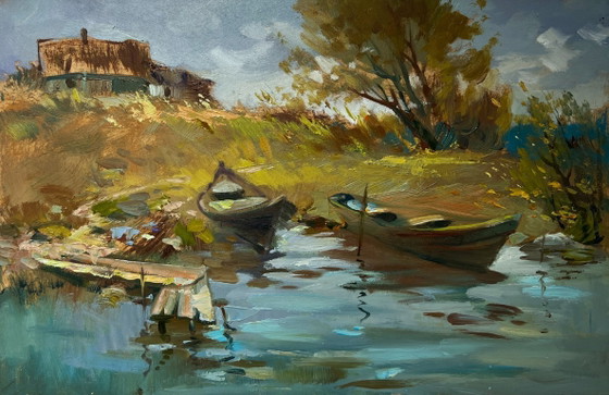 Image 1 of Origineel olieverfschilderij: Zomers kustlandschap, zomerse rust aan de rivier