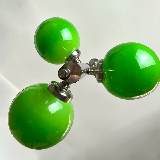 Image 1 of Portuguese Mid Century Modern Space Age chandelier clustered hanging lamp with 3 green globes, 1960s