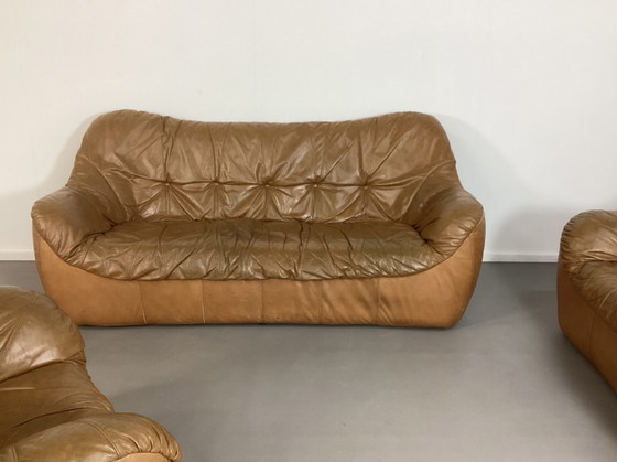 Image 1 of Ensemble de sièges vintage en cuir cognac des années 70, italien et français