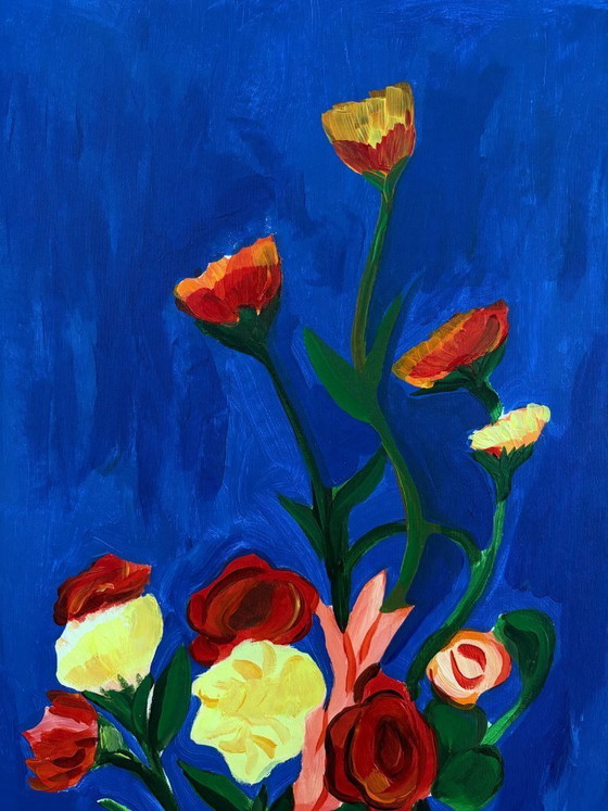 Image 1 of Acrylic painting by the artist E. García "Bodegón con fondo azul" 100x70 cm
