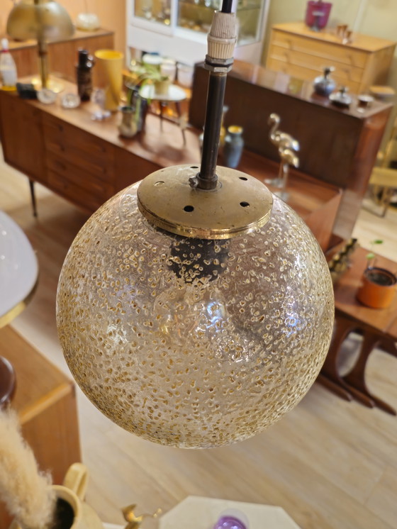 Image 1 of Vintage Hanglamp Glazen Bol Plafondlamp Lamp Messing 