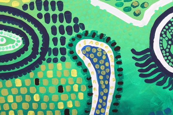 Image 1 of Modern abstract green, yellow, purple and orange mixed media painting