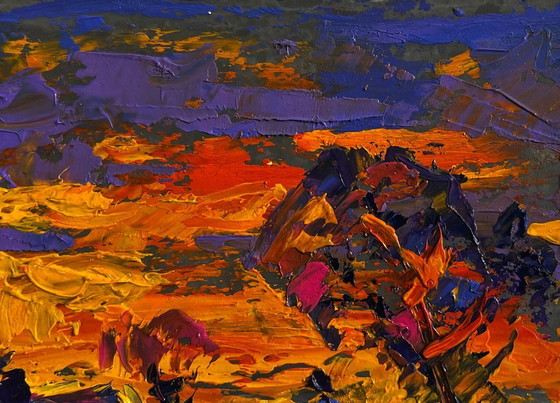 Image 1 of Original Oil Painting Sunset Houses Landscape A blazing evening in the village