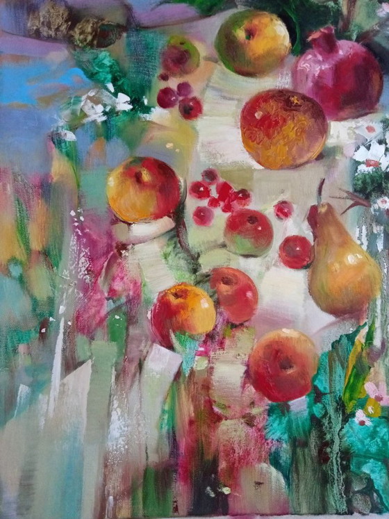 Peinture à l'Huile Originale Fleurs Abstraites Pommes Fruits – Peintures et dessins, Canvas (photo 7 of 8)