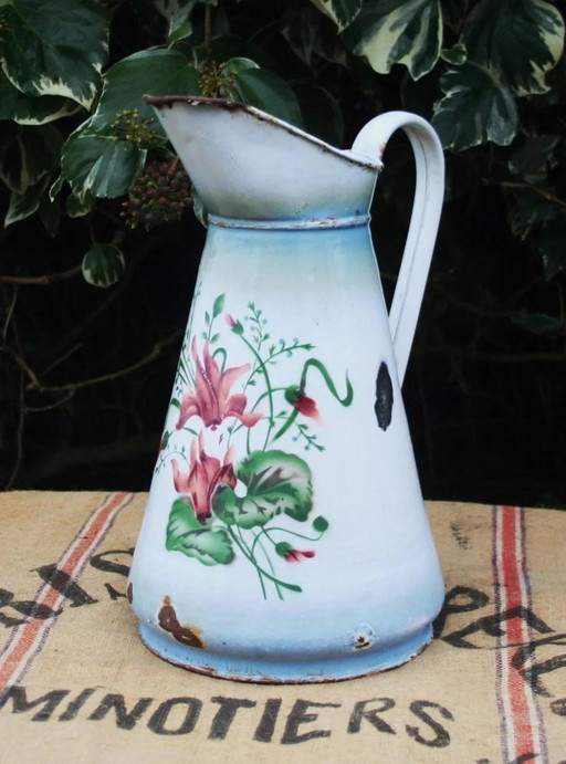 Antique French Hand-Painted Enamel Water Pitcher, Floral Cyclamen Jug, Blue Rim Farmhouse Vase, Rustic Country Decor