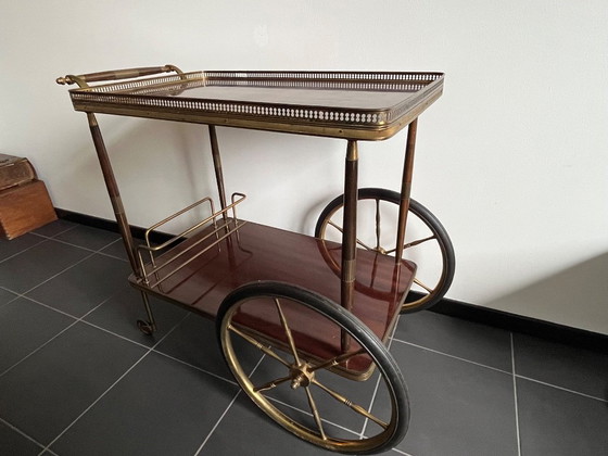 Image 1 of Elegante Midcentury vintage bar cart / serveerwagen – messing & massief mahonie ‘40/‘50