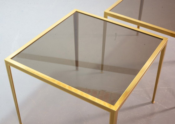 Image 1 of Elegant Hollywood Regency Minimalistic Solid Brass Side Tables with Smokey Glass Top by Vereinigte Werkstätten. Set of 2. 1970s.