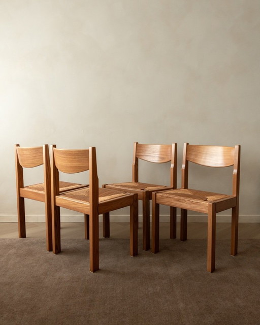 Mid-century eetkamerstoelen van iepenhout en riet van Maison Regain, jaren 70, set van 4