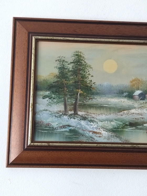 Image 1 of Dipinto vintage degli anni '70/'80, paesaggio invernale, olio su tela, cornice in legno.
