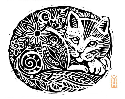 Hand-Carved Linocut Cat Print