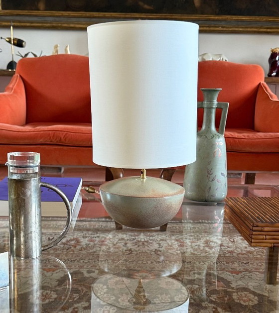 Image 1 of Pied de lampe en céramique verte, style moderne du milieu du siècle, Alain di Bin, France, années 1960