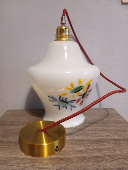 White Opaline Hanging lamp Floral design, 60'S