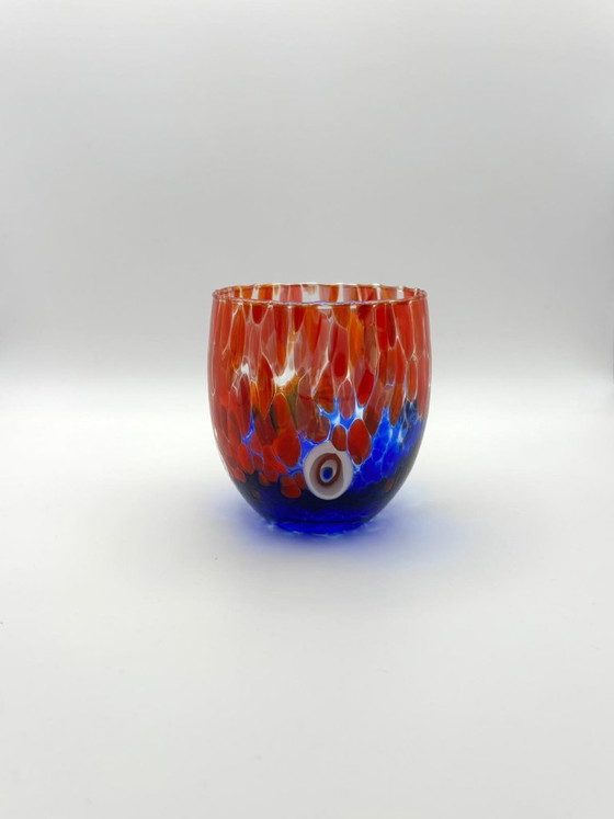 Image 1 of Set van 6 Venetiaanse glazen van geblazen glas met Murano-effect (murrine) in het glas verwerkt, handgemaakt in Italië.
