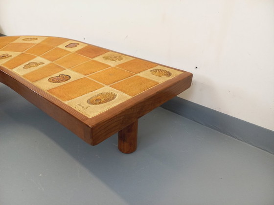 Image 1 of Barrois comma-shaped coffee table with vintage shell motifs in wood and Vallauris ceramic from the 1960s and 70s