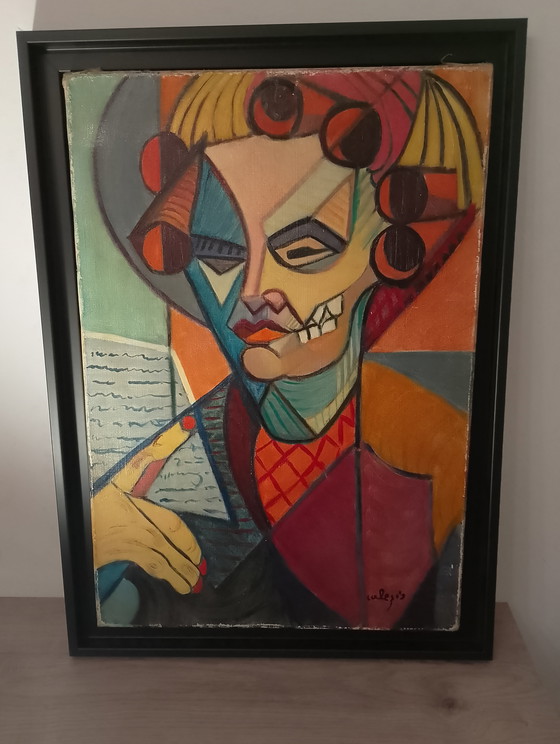 Image 1 of Oil on canvas, Cubism, American box frame, The Woman with Curlers Undressed, signed Calezis