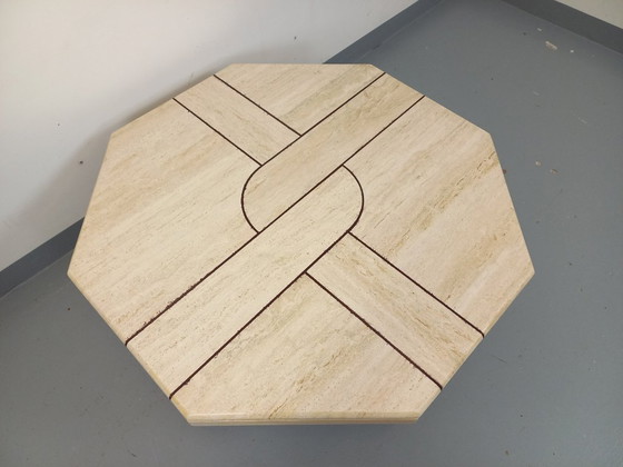 Image 1 of Vintage octagonal travertine coffee table with geometric pattern from the 70s and 80s