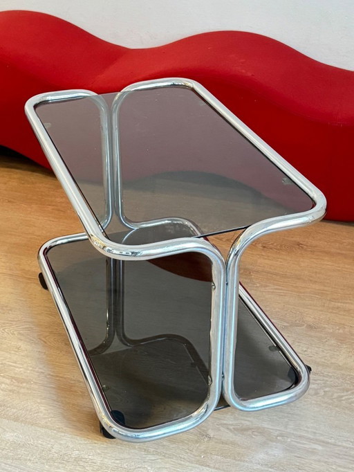 Table chariot en verre fumé et chrome des années 1970