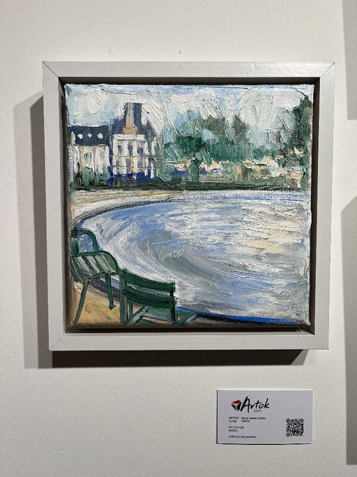 Small Painting - 20 x 20 - 'Les Jardins de Paris' by Maja A Chris – schilderijen tekeningen, Wood (photo 2 of 10)