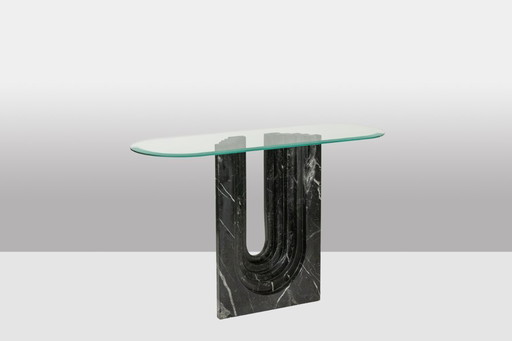 Pair of marble and glass top console tables. 1980s.