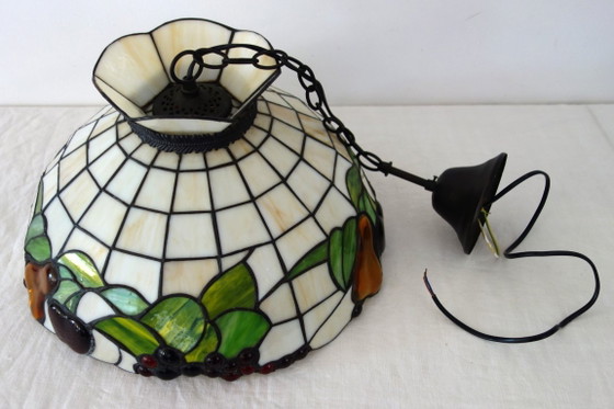 Tiffany style Pendant lamp with fruit motif, 90s, Glass, Metal, Creme (photo 14 of 14)