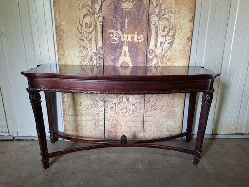 Klassieke engelse mahoniehouten sidetable, wandconsole haltafel, lichte gebruikssporen afm. 140x48cm en 74cm hoog.