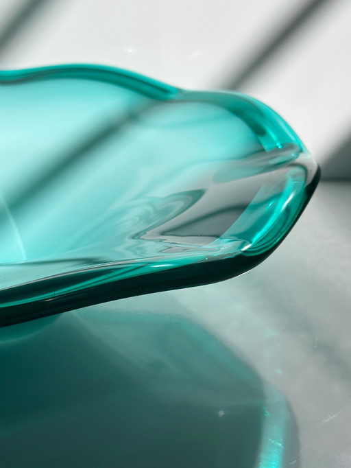 Grande coupe à fruits Vintage Murano Opalina Turquoise Sommerso Barovier Toso Mint Vert bulles Italie années 1980