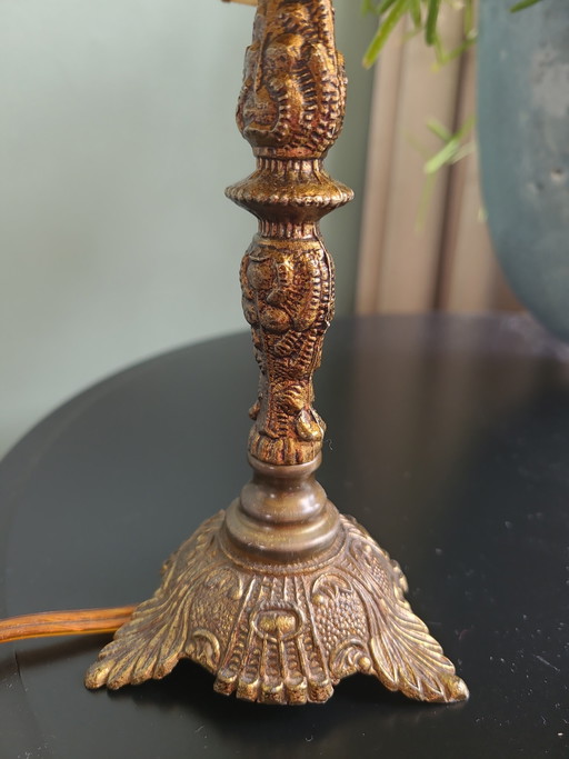 Vintage tafellampje koperen voet y varkensleren kap