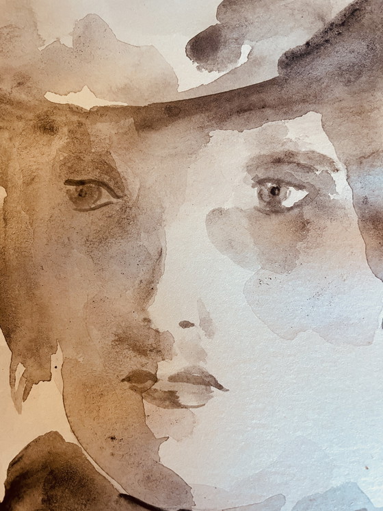 Image 1 of Pintura firmada en acuarela, monocromática, sepia, retrato femenino "Luz"